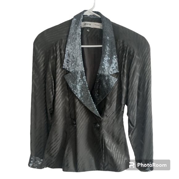 D'ore Silk Vintage Grey Animal Print Abstract Sequins Collar Blazer 6 - Picture 1 of 13
